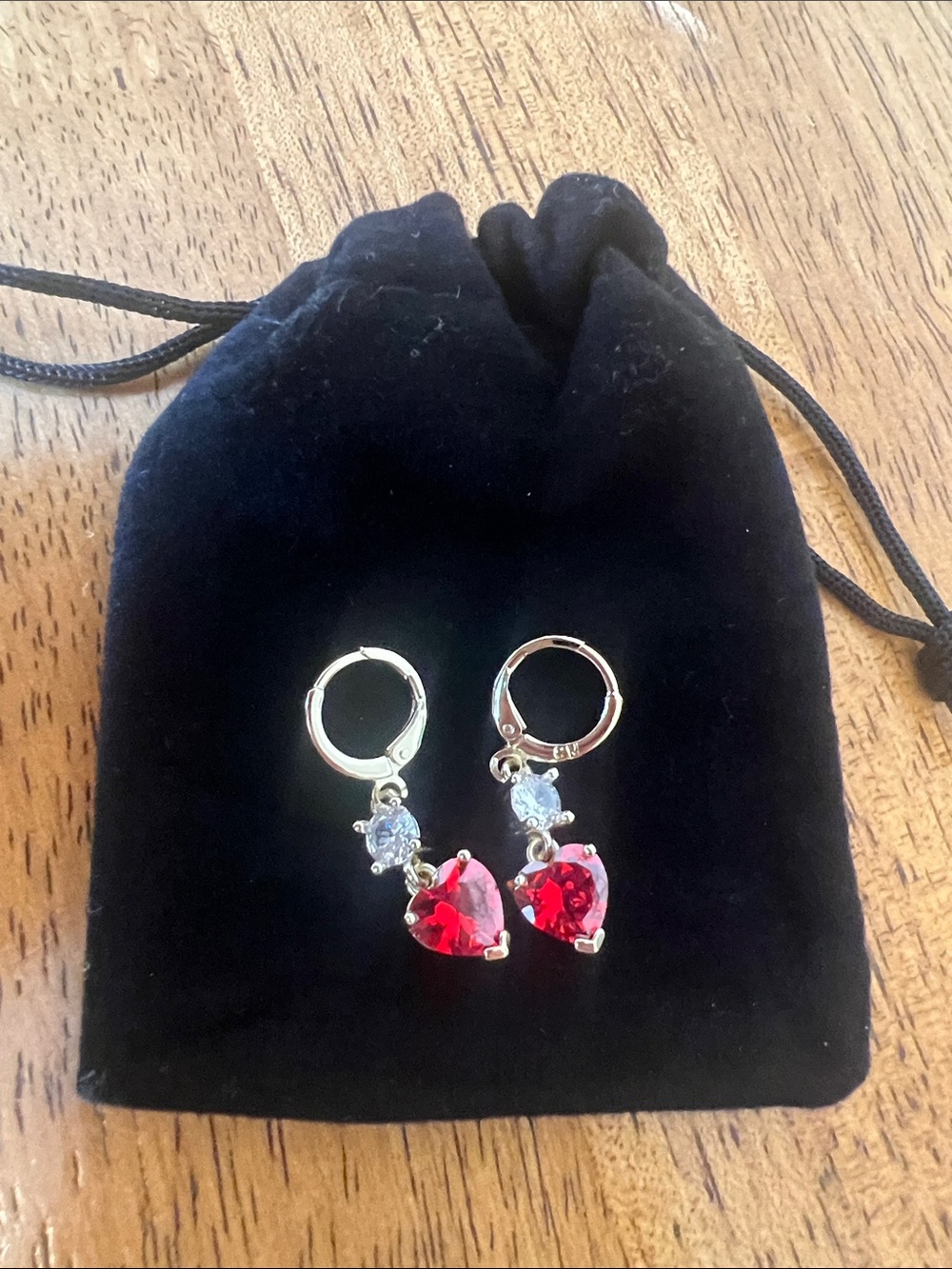 Heart Drop Red Crystal Dangle Earrings. Tarnish proof, gold over brass plated.